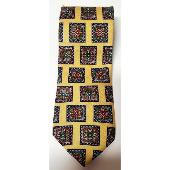 Tom James 100% Silk Tie USA Yellow/Purple/Red/Green Square Geometric Pattern - Picture 6 of 11